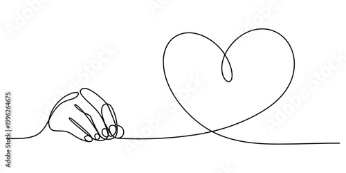 Continuous single line drawing of a human hand drawing a heart shape symbol on a flat surface representing love and care Vector, illustration