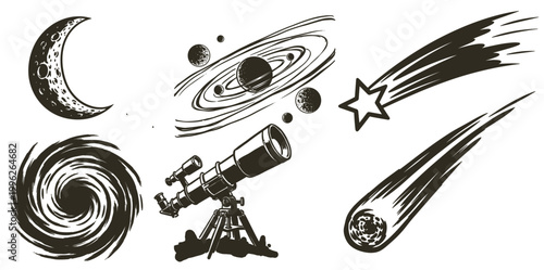 Astronomy and space exploration elements set. Vintage telescope, galaxy and moon sketch. Celestial bodies vector icons.