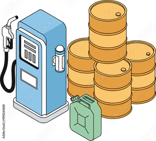 Vintage gas pump with stacked oil barrels and green can in industrial retro style with warm lighting for energy and fuel advertising