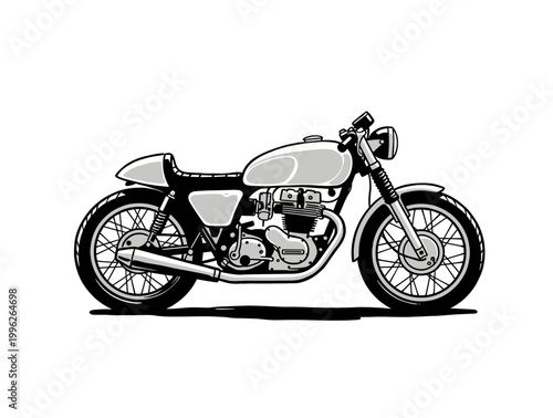 Vintage cafe racer motorcycle illustration. Classic custom motorbike side view vector. Retro transportation graphic. Biker lifestyle design.