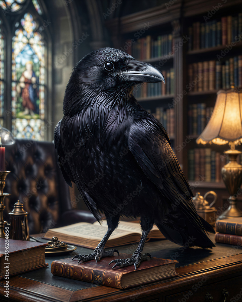 Naklejka premium Professional photorealistic portrait of a raven in a deep purple business suit perched at a gothic library office desk with antique books and blurred scholarly background