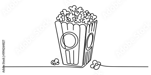 A single continuous line drawing of a bucket full of tasty popcorn for movie time Vector, illustration