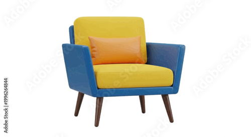 Vector illustration of modern armchair with yellow cushions and blue frame on a transparent background
