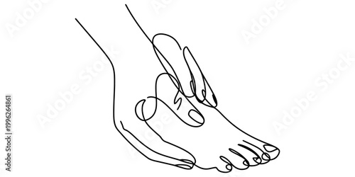 Continuous single line drawing of a person massaging their own foot or ankle for relaxation and pain relief Vector, illustration