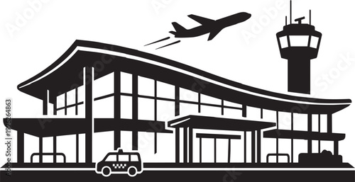 Black and white silhouette icon of a modern airport building with a control tower and a plane taking off.