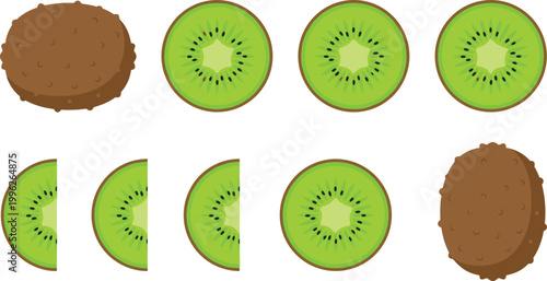 Cartoon vector illustration of kiwi fruit showing whole, sliced, and half pieces with vibrant green interiors