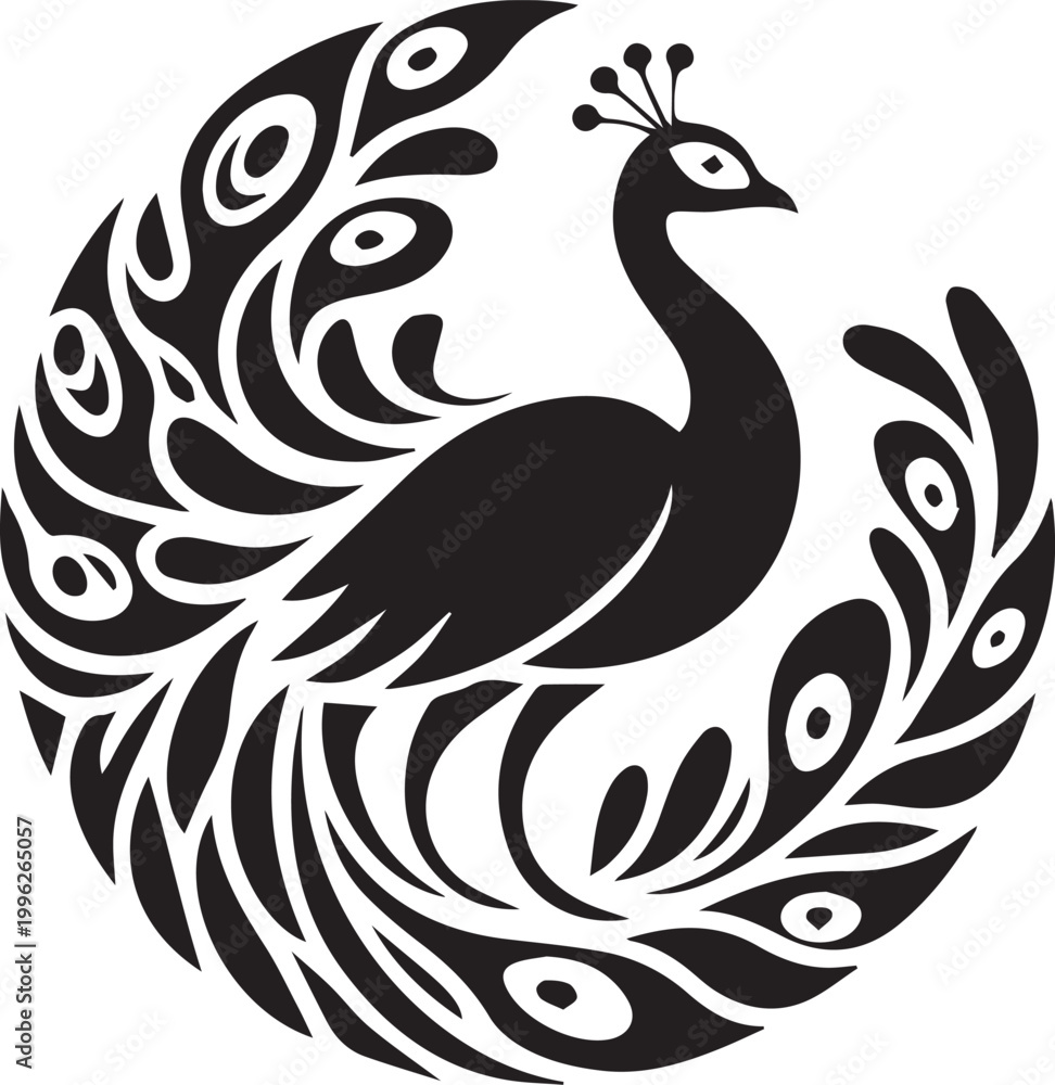 Fototapeta premium Black and white peacock with spread feathers illustration Vector