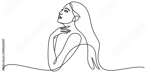 Minimalist continuous line drawing of a beautiful young woman with long hair looking up in a peaceful and elegant artistic portrait style Vector, illustration