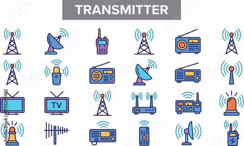 Transmitter communication icon set featuring radio signals antennas wireless devices broadcasting equipment and signal transmission technology vector collection