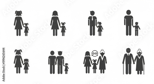 Collection of diverse family unit icons representing different generations and structures.