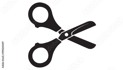 Professional black silhouette icon of sharp office or tailor scissors, isolated on white.