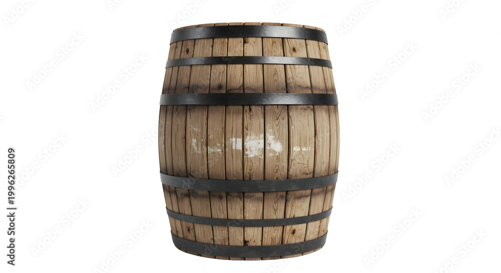 Fototapeta premium A wooden barrel with metal hoops on transparent background standing alone