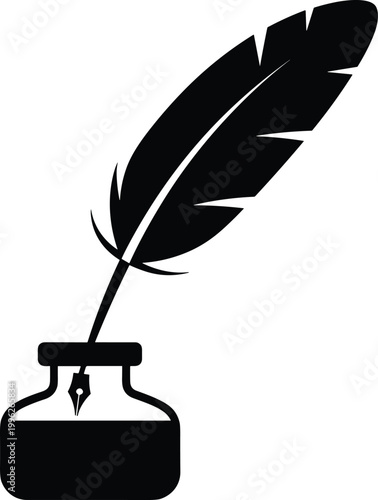 Quill pen in ink bottle silhouette illustration symbolizing writing, creativity, literature, poetry, storytelling, traditional communication and artistic expression design concept