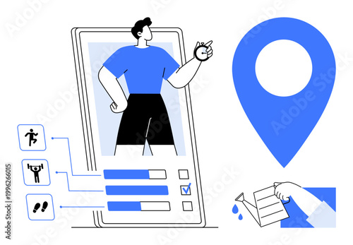 Fitness tracking, hydration, geolocation, health monitoring, digital wellness, activity management. Large phone display with health metrics and geolocation marker. Fitness tracking and hydration