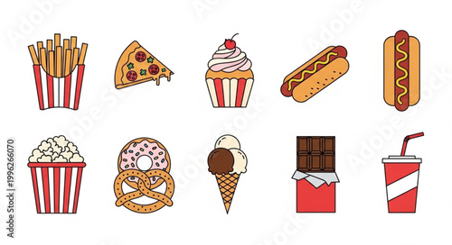 Collection of popular fast food and sweet treats illustrations.