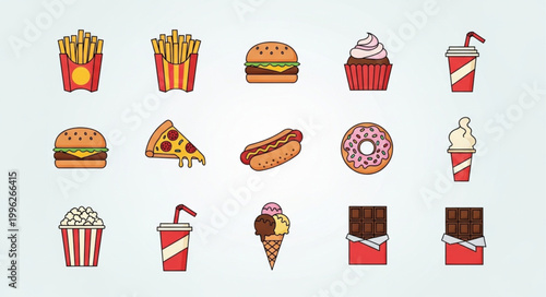 Collection of popular fast food and sweet treats illustrations.