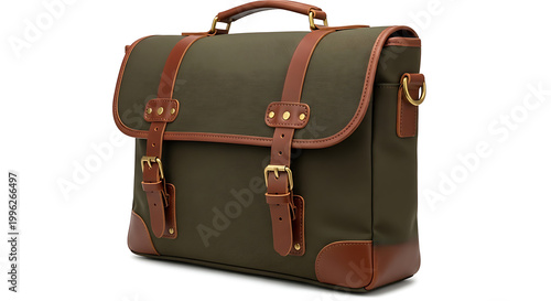 Khaki and brown canvas messenger bag with leather accents and metal buckles messenger briefcase accessory business equipment military