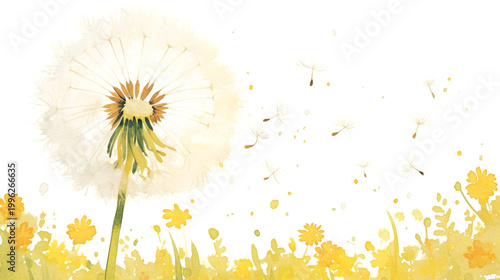 Watercolor illustration of a dandelion flower with white fluffy seeds blowing away, surrounded by a field of yellow flowers and soft green grass