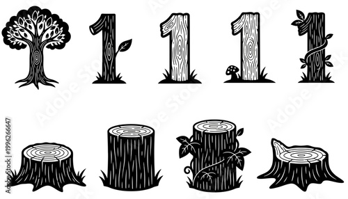Tree vector illustrations with numbers and stumps in black and white