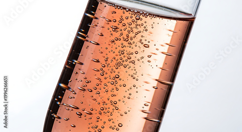 Close-up of pink bubbly liquid in a laboratory test tube with laboratory chemistry research experiment glassware analysis beverage solution reaction discovery