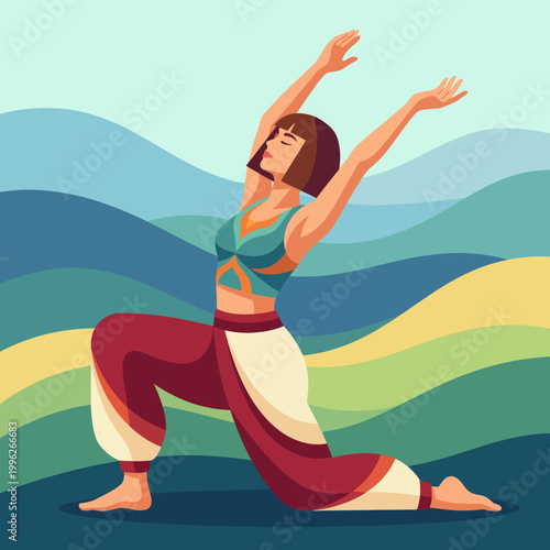 A tranquil illustration of a woman in a yoga pose, surrounded by an abstract natural landscape, representing self-care, peace, and wellness, ideal for promoting mindfulness practices.