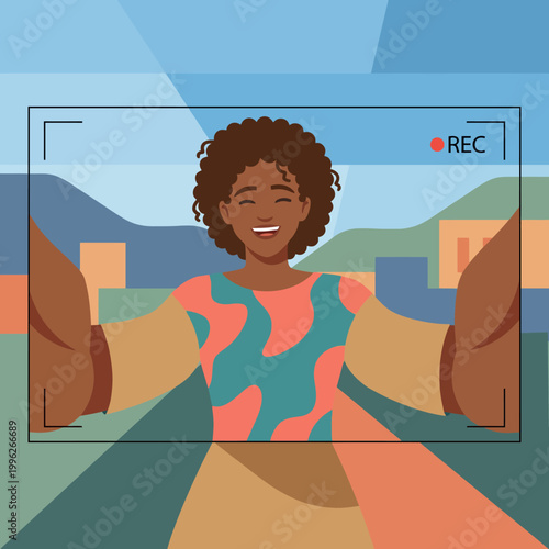 A joyful woman embraces the camera with outstretched arms, symbolizing positivity and connection, set against a backdrop of vibrant colors and geometric patterns depicting modern artistry.