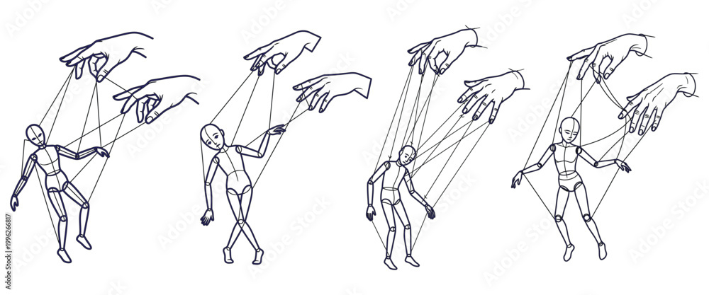 Fototapeta premium Artistic illustrations of puppet hands controlling wooden marionette figures.