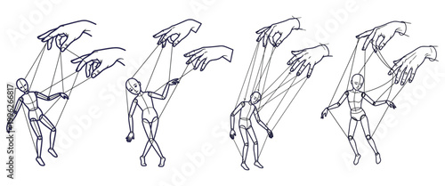 Artistic illustrations of puppet hands controlling wooden marionette figures.