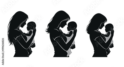 Three maternal silhouettes of mothers lovingly cradling their babies silhouette