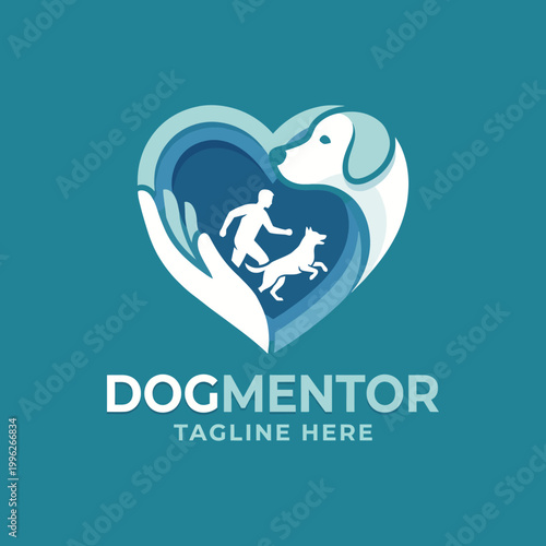 This logo combines a heart shape with a playful dog and owner silhouette, representing the nurturing bond between mentors and pet owners in a community-focused approach.