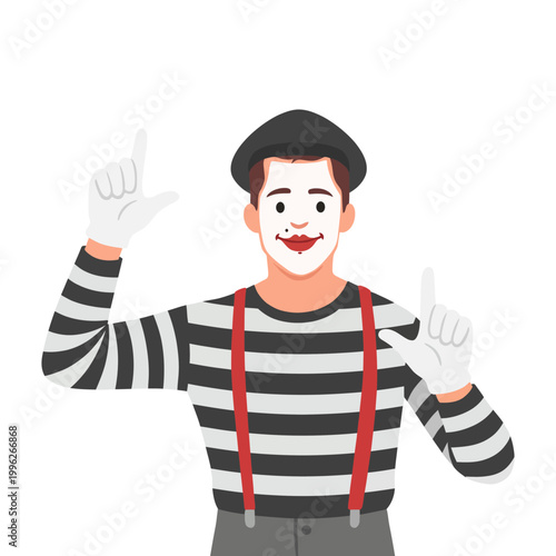 A mime artist, dressed in classic striped clothing and a beret, expresses joy and creativity through gestures, captivating an unseen audience with a playful and engaging performance.