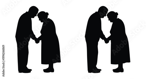 Two elderly couples holding hands facing each other in black silhouette