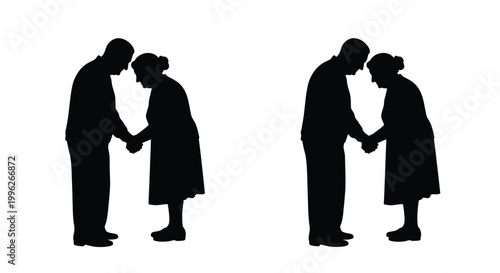 Two elderly couples holding hands depicted in a stark black silhouette