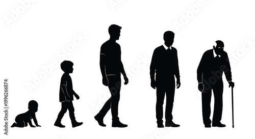 Stages of life depicted with human figures in black silhouette