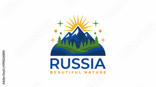 A captivating logo featuring mountains, trees, and sun rays, promoting the essence of Russia's natural beauty, poised to attract attention towards environmental preservation efforts.