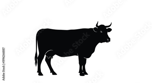 A black silhouette of a standing cow facing right on a white background silhouette
