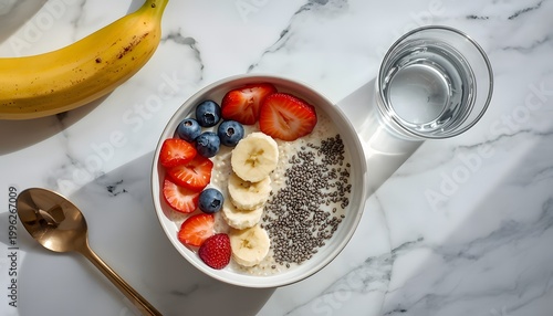 Healthy Breakfast Bowl with Oatmeal, Fresh Strawberries, Blueberries, and Chia Seeds