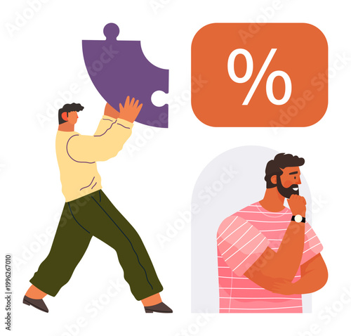 Decision making, problem solving, financial planning, logical thinking, business strategy, personal analysis. A person holding a puzzle piece and another contemplating. Problem solving and decision