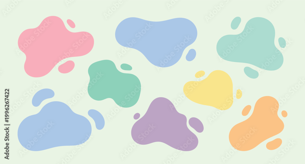 Fototapeta premium Pastel organic blob shapes scattered on light green background, abstract organic shapes