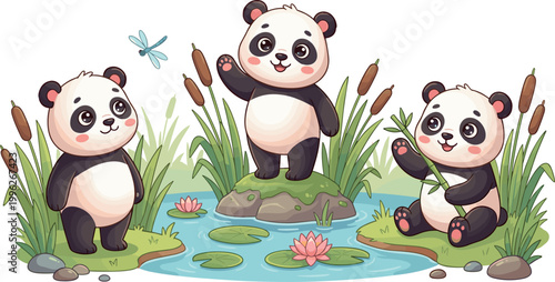 Cartoon vector illustration of three playful panda characters near pond with lotus flowers, cattails, dragonfly, and rocks