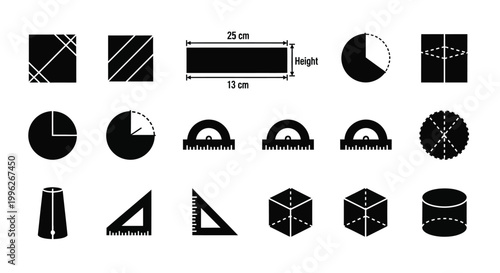 Geometric shapes and measurements illustrated with bold black silhouettes high quality