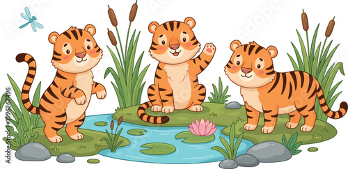 Cartoon vector illustration of three playful tiger cubs near pond with lotus flower, cattails, dragonfly, and rocks