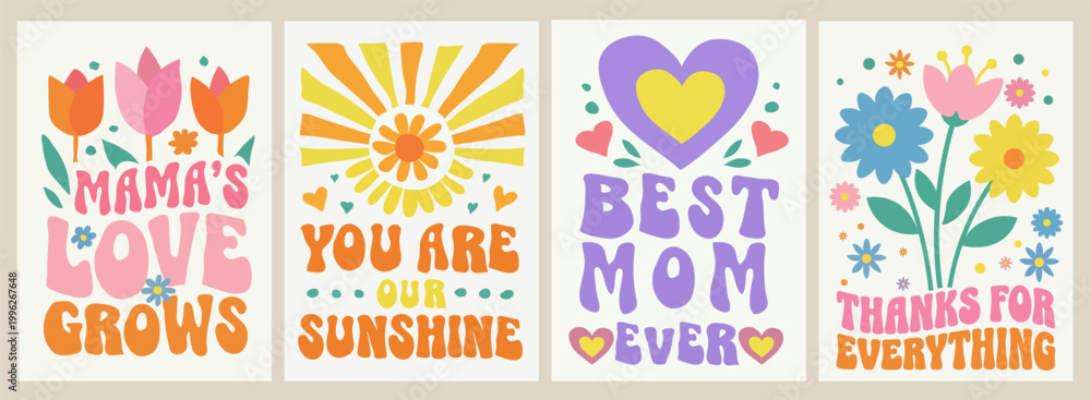 Fototapeta premium Mothers Day Typography Posters Best Mom Ever Inspirational Quotes Floral Retro Greeting Card Design Set
