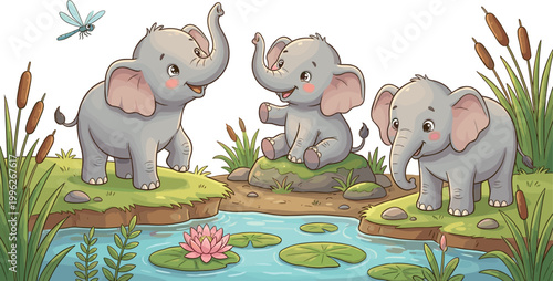 Cartoon vector illustration of three playful baby elephants near pond with lotus flower, cattails, dragonfly, and rocks