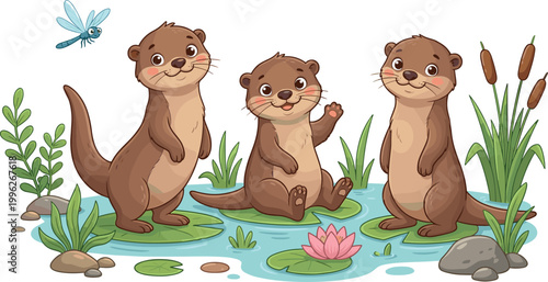 Cartoon vector illustration of three playful otters near pond with lotus flower, cattails, dragonfly, and rocks]