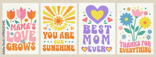 Mothers Day Typography Posters Best Mom Ever Inspirational Quotes Floral Retro Greeting Card Design Set