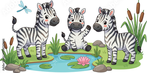 Adorable cartoon zebras beside watering pond with lily pads reeds rocks and dragonfly vector illustration
