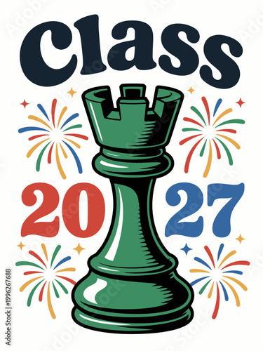 A green chess rook is surrounded by colorful fireworks, celebrating the Class of 2027.