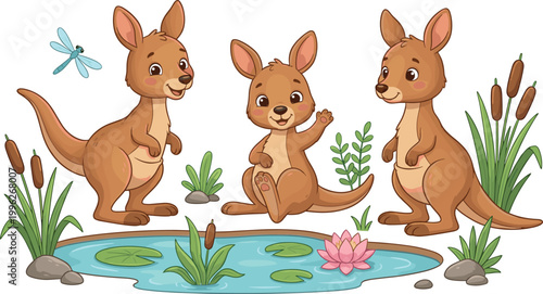 Adorable cartoon kangaroos by small pond with water lilies reeds and dragonfly vector illustration