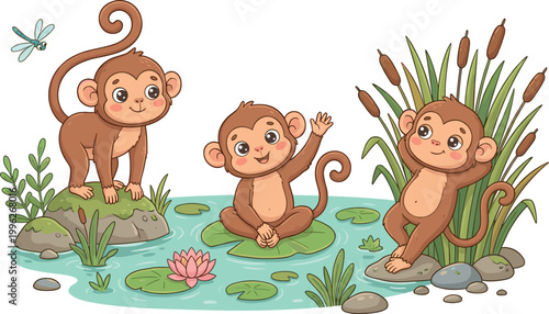 Playful cartoon monkeys around jungle pond with lily pads reeds and tropical plants vector illustration